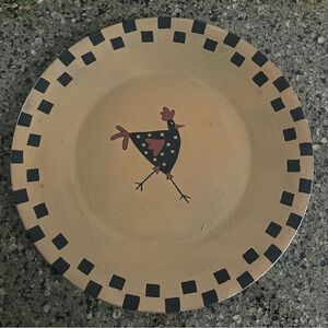 decorative hand painted wooden bowl/plate w/ whimsical folksy chickens.